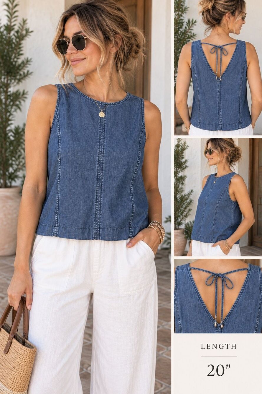 J.Crew 100% Cotton Denim Sleeveless Top Small Tie Chambray Coastal Minimalist Na